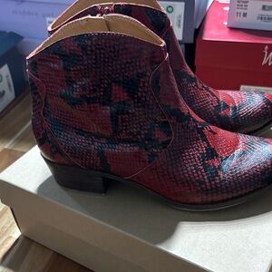 Lucky Brand Red and Black Snake Print Ankle Boots
